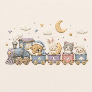May include: An embroidered design featuring a blue train engine pulling four train cars. The cars carry a sleeping teddy bear in a blue cap, a white rabbit hugging a crescent moon, a grey and white kitten, and a white lamb, all under a moon.