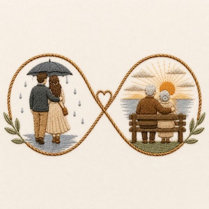 May include: An embroidery piece featuring an infinity symbol frame. The left loop shows a couple walking under a dark umbrella in the rain. The right loop depicts an older couple sitting on a wooden bench watching a sunset over the water.