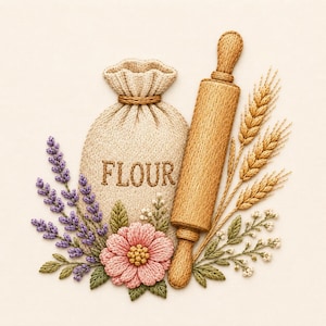 May include: An embroidery design featuring a beige sack labeled FLOUR, a wooden rolling pin, stalks of golden wheat, purple lavender sprigs, a pink flower, and small white blossoms, all rendered with detailed thread textures on a light background.