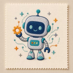 Op de afbeelding: Een vierkante geborduurde stoffen patch met gekartelde randen toont een lichtgrijze robot met een donkerblauw gezicht, groenblauwe accenten en een glimlach. De robot houdt een oranje tandwiel vast, omringd door turquoise circuitlijnen.