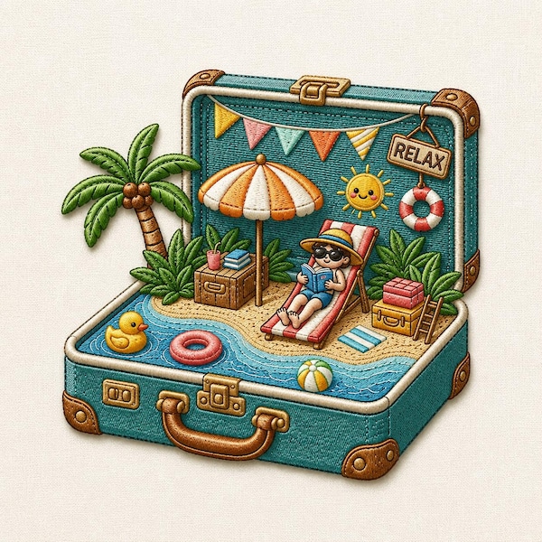 Beach Suitcase Scene Embroidery Design, Summer Vacation Diorama File (Digital Download)