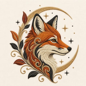Puede incluir: Un diseño de bordado que muestra una cabeza de zorro de perfil, en tonos naranja, crema y negro. El zorro está enmarcado por una luna creciente dorada, adornos decorativos en espiral y pequeñas formas de estrellas sobre fondo blanco.