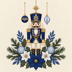 Puede incluir: Un bordado de un cascanueces con uniforme azul y dorado, flanqueado por flores de pascua azules y blancas, ramas de pino verdes y adornos navideños azules. El diseño presenta una estrella central, follaje detallado y copos de nieve.