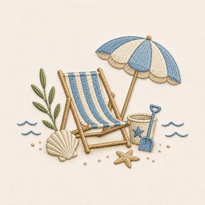 May include: An embroidered beach scene featuring a wooden deck chair with blue and white stripes, a matching blue and white striped umbrella, a beige bucket with a blue shovel, a seashell, a starfish, and a green leafy plant sprig.