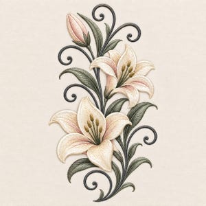Puede incluir: Un diseño de bordado que presenta dos lirios en flor de color crema y un capullo de lirio cerrado. Las flores están acentuadas con hojas de color verde oscuro y patrones de enredaderas negras en espiral sobre un fondo de tela crema.