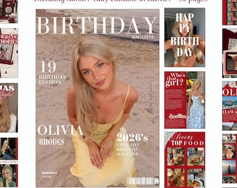 Op de afbeelding: Een digitaal verjaardagsmagazine-sjabloon met meer dan 30 pagina's, volledig bewerkbaar in Canva. De lay-out bevat een hoofdomslag met een blond persoon in een gele jurk op een strand, plus diverse ontwerpen voor binnenpagina's met tekst.