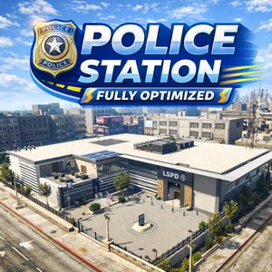 Puede incluir: Una representación digital de una comisaría de policía con techo plano, un patio central y letrero LSPD sobre la entrada. El texto POLICE STATION FULLY OPTIMIZED aparece en letras grandes azules y blancas con un icono de placa policial dorada.