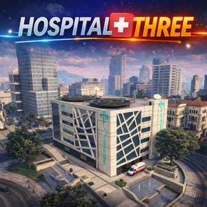 Może przedstawiać: Cyfrowa ilustracja nowoczesnego budynku szpitala z napisem "HOSPITAL + THREE" u góry. Budynek posiada lądowisko dla helikopterów, biało-niebieską fasadę i znajduje się w mieście z innymi wieżowcami.