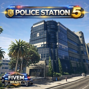 Puede incluir: Un edificio de varios pisos de cristal y hormigón con la etiqueta Beverly Hills Police Department, un gran letrero de Police Station 5 en la parte superior y una insignia de FiveM Ready en primer plano, con palmeras y un cielo azul.