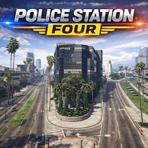 Puede incluir: Una ilustración digital de un edificio de cristal oscuro de varias plantas con la etiqueta POLICE STATION FOUR en la parte superior. La escena muestra una intersección urbana con palmeras, carreteras, marcas viales y una señal de stop.