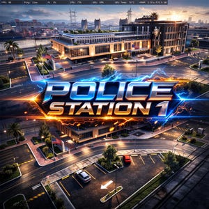 Può includere: Un'immagine digitale di una stazione di polizia di notte, con la scritta "POLICE STATION 1" in un font stilizzato e luminoso. La scena comprende edifici, strade, auto e palme, con effetti di fulmini.