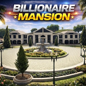 Op de afbeelding: Een groot wit herenhuis met een symmetrische gevel en donkere boogramen, met een centrale stenen fontein in een cirkelvormige oprit. De tekst BILLIONAIRE MANSION wordt weergegeven in dikke, gestileerde letters bovenaan de afbeelding.