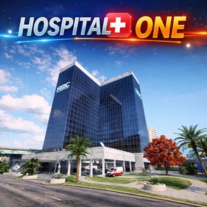 Puede incluir: Un hospital moderno y alto con una fachada de cristal azul oscuro y una base de piedra clara. El texto HOSPITAL+ONE aparece en letras grandes y negritas sobre la estructura. Una ambulancia blanca está aparcada cerca de la entrada, rodeada de palmeras.