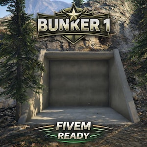 Puede incluir: Una entrada de búnker de hormigón con techo plano y paredes laterales inclinadas. Sobre la entrada, un letrero metálico en forma de escudo muestra el texto BUNKER 1 con una estrella. Debajo de la entrada, el texto FIVEM READY aparece en letras blancas.