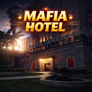 Op de afbeelding: Een digitale afbeelding met de tekst MAFIA HOTEL in dikke gouden letters met twee sterren, boven een stenen gebouw met meerdere verdiepingen bij schemering. De scène bevat een palmboom, een verlichte ingang en boogramen met rood licht.