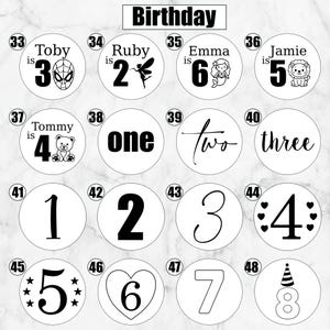 May include: A collection of sixteen circular stickers labeled 33 through 48, featuring black text and graphics on a white background. Designs include names with ages, numbers written as words, and various numerals with icons like hearts, stars, and animals.