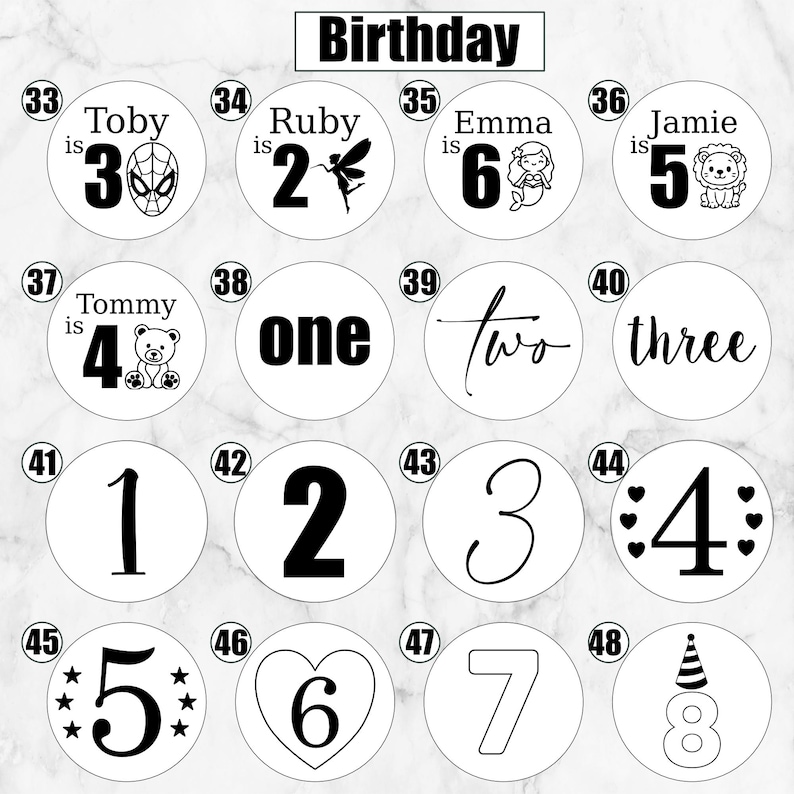 May include: A collection of sixteen circular stickers labeled 33 through 48, featuring black text and graphics on a white background. Designs include names with ages, numbers written as words, and various numerals with icons like hearts, stars, and animals.