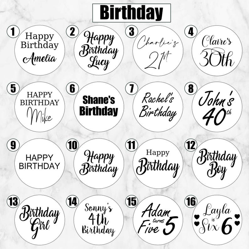 May include: A collection of sixteen circular white stickers featuring black text designs for birthdays. Each sticker displays unique typography and phrases such as Happy Birthday, names, and ages, numbered one through sixteen in black circles.