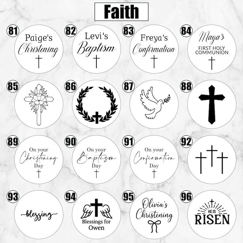 May include: A collection of sixteen circular white labels featuring black religious graphics and text including Paige's Christening, Levi's Baptism, Freya's Confirmation, Maya's First Holy Communion, On your Christening Day, blessing, and HE IS RISEN.