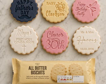 Custom Cookie Biscuit Stamp, Fondant Embosser, Fits M&S All Butter Biscuits, Cake Decorating Icing Cupcake Personalised Baking Gift Cutter