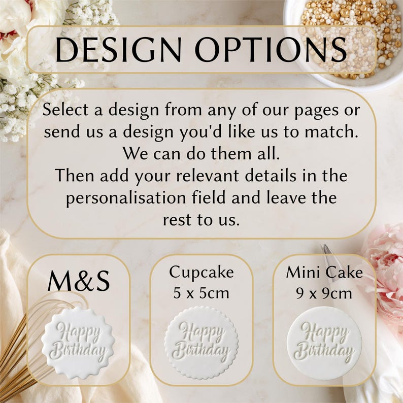 May include: A white informational graphic with gold borders featuring the text DESIGN OPTIONS, instructions for custom orders, and three circular white embossed Happy Birthday toppers labeled M&S, Cupcake 5 x 5cm, and Mini Cake 9 x 9cm.