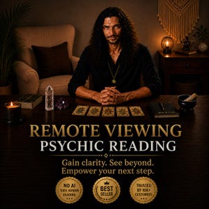 Puede incluir: Una persona con cabello largo y oscuro sentada ante una mesa de madera con cinco cartas de tarot, un cristal, una vela y un cuaderno. El texto dice: REMOTE VIEWING PSYCHIC READING. Gain clarity. See beyond. Empower your next step. NO AI, BEST SELLER, TRUSTED BY 10K+ CUSTOMERS.