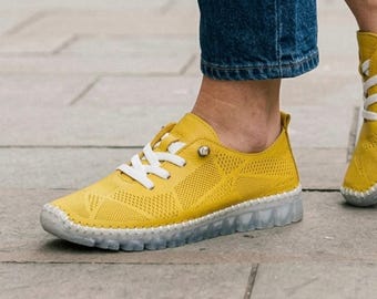 Mustard Yellow Leather Shoes | Hand-Stitched Women's Sneakers | Flexible Comfort Flats