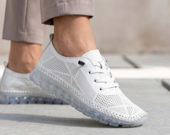 Handmade Genuine Leather Sneakers for Women | Comfortable White Calfskin Walking Shoes | Breathable Hand-Stitched Flats