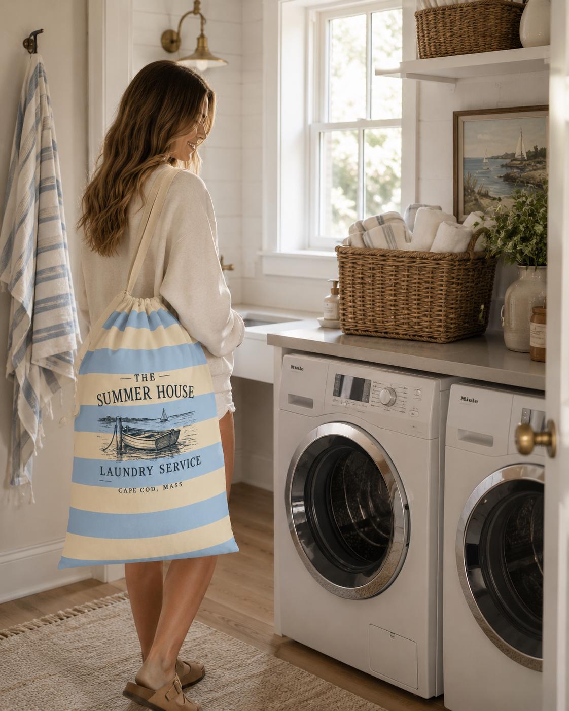 Laundry Bag Travel, the summer house washable laundry sack, coastal laundry, gift for dorm room