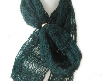 Tibetan yak wool knit scarf, unique, authentic, light, delicate, drop stitch, eco friendly, elegant, dark green, warm and cozy