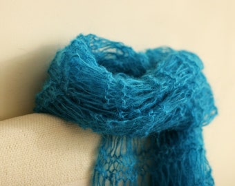 Tibetan yak wool knit scarf, blue, turquoise, warm, lady gift, eco friendly