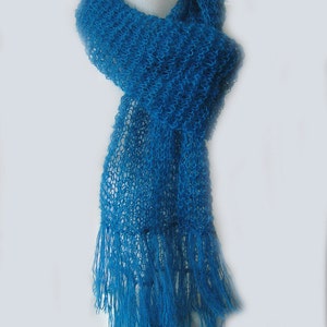 Tibetan yak wool knit scarf, unique, authentic, light, delicate, eco-friendly, elegant, blue, turquoise, warm and cozy image 2