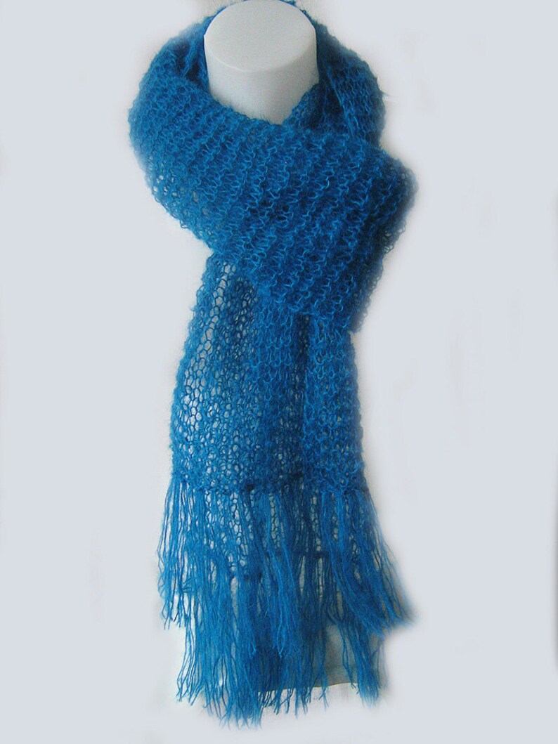 Tibetan yak wool knit scarf, unique, authentic, light, delicate, eco-friendly, elegant, blue, turquoise, warm and cozy image 2