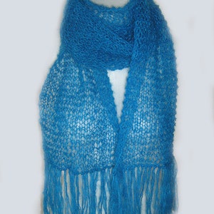 Tibetan yak wool knit scarf, unique, authentic, light, delicate, eco-friendly, elegant, blue, turquoise, warm and cozy image 1