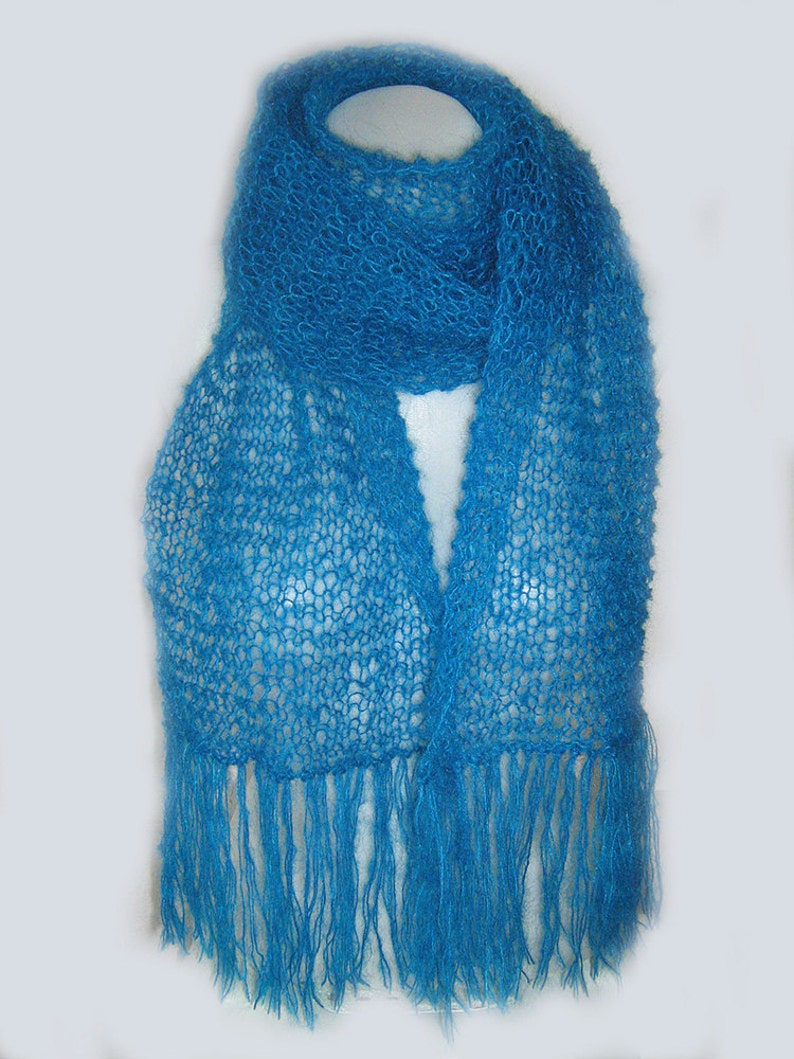 Tibetan yak wool knit scarf, unique, authentic, light, delicate, eco-friendly, elegant, blue, turquoise, warm and cozy image 1