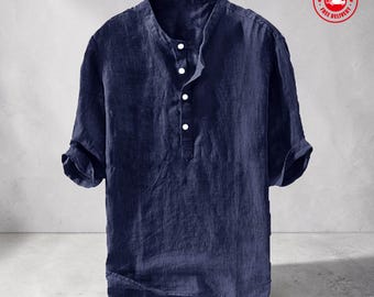 Men’s Cotton Linen Henley Shirt Casual 3/4 Sleeve Beach Summer Yoga Top