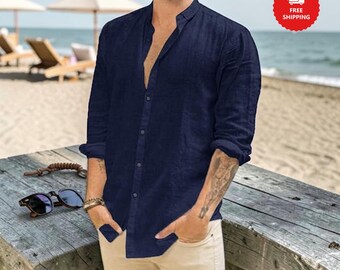 Men’s Cotton Linen Button Up Beach Shirt Casual Roll Sleeve Summer Long Sleeve