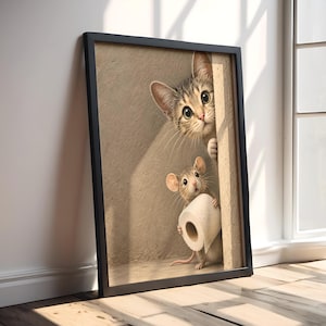 Quadro decorativo para banheiro com gato e rato, estilo vintage e divertido (download digital)