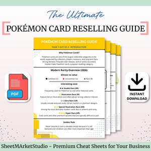 May include: A digital guide titled The Ultimate POKÉMON CARD RESELLING GUIDE, featuring four stacked pages with yellow headers. The text outlines modern rarity levels from 2026, including common, rare, and hyper rare categories, with a PDF icon and download symbol.