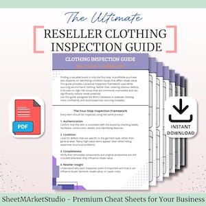 May include: A digital document titled The Ultimate Reseller Clothing Inspection Guide, featuring a four-step framework for authentication, condition, completeness, and reseller insight. The document includes a red PDF icon and an instant download icon.