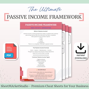 Può includere: Un documento digitale intitolato The Ultimate Passive Income Framework, composto da quattro pagine di testo con sezioni su definizioni, formule e tipi di reddito passivo. Include un'icona PDF e un'icona di download con una freccia.