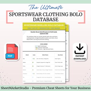 May include: A digital document titled The Ultimate SPORTSWEAR CLOTHING BOLO DATABASE, featuring a reseller brand identification and profit guide updated for 2026. It includes an icon legend for high profit, common thrift, and premium items.