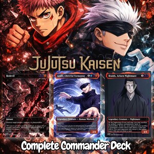 May include: A Jujutsu Kaisen themed trading card set featuring three cards titled Bedevil, Lynde, Cheerful Tormentor, and Braids, Arisen Nightmare. The cards display anime character illustrations with red and black color schemes and text.