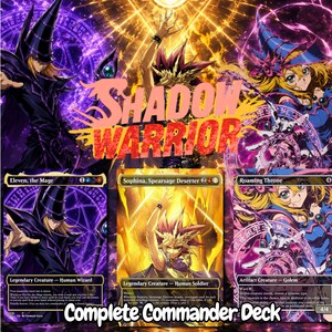 May include: A Shadow Warrior trading card set featuring three distinct cards: Eleven, the Mage, Sophina, Spearsage Deserter, and Roaming Throne. The cards display vibrant purple, gold, and blue magical illustrations with detailed character art.