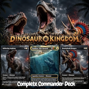May include: A Dinosaur Kingdom trading card set featuring three cards: Bellowing Aegisaur, Pantlaza, Sun-Favored, and Bronzebeak Foragers. The background displays three large, detailed dinosaurs under a dark, stormy sky with volcanic elements.