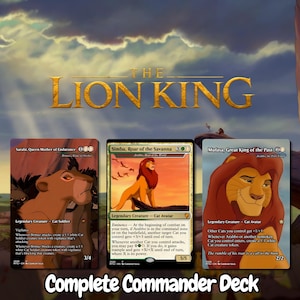 May include: Three trading cards from The Lion King Complete Commander Deck featuring Sarabi, Queen Mother of Endurance, Simba, Roar of the Savanna, and Mufasa, Great King of the Past. Each card displays character illustrations, game text, and stats.