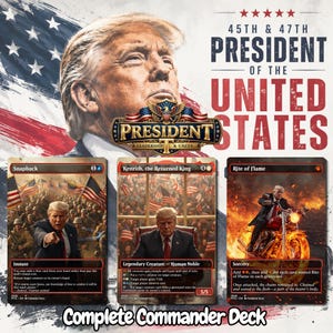 May include: A collection of three trading cards featuring Donald Trump. The cards are titled Snapback, Kenrith, the Returned King, and Rite of Flame. The background displays the text 45th & 47th President of the United States and an American flag.