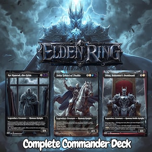 May include: Three Elden Ring themed Magic: The Gathering cards featuring Syr Konrad, the Grim, Sidar Jabari of Zhalfir, and Dion, Bahamut's Dominant. The cards display dark fantasy knight illustrations, game text, and power/toughness stats.