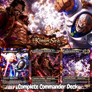May include: A collection of three trading cards featuring illustrations of characters from One Piece. The cards are titled Fathom Fleet Captain, Admiral Brass, Unsinkable, and Admiral Beckett Brass, with text detailing game mechanics.