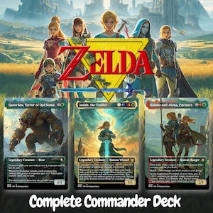 May include: A collection of three Magic: The Gathering trading cards featuring Zelda-themed artwork, including Goreclaw, Terror of Qal Sisma, Jodah, the Unifier, and Halana and Alena, Partners, displayed beneath a large Zelda logo and a blue sword.
